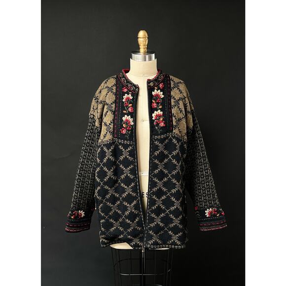 Icelandic Designs Brown Black Floral Embroidered Scandigirl Wool Knit Sweater - Picture 6 of 12
